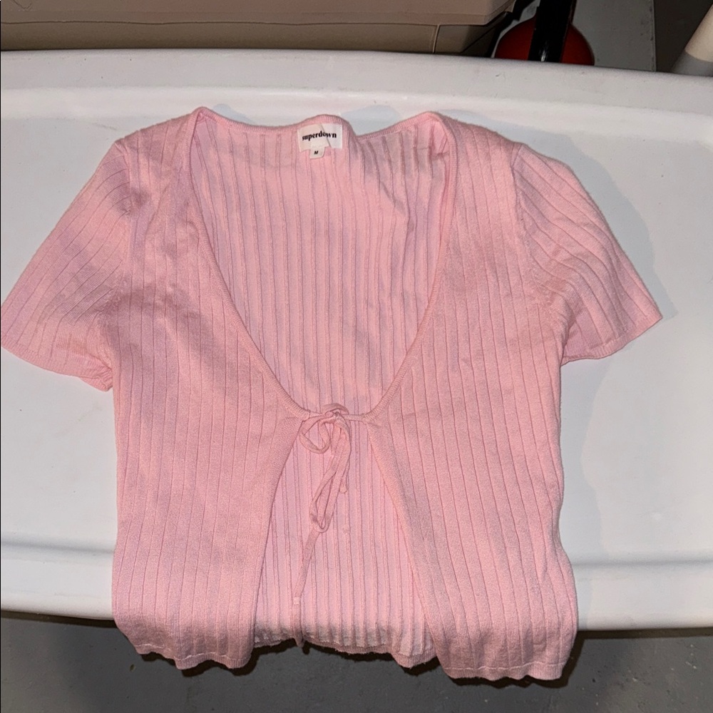Revolve Superdown Pink Ribbed tie front medium crop top